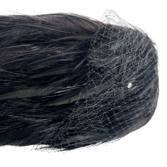 Vintage 1950s Coralie Feathered Pillbox Hat Black Velour with Veil & Rhinestones - Picture 5 of 15
